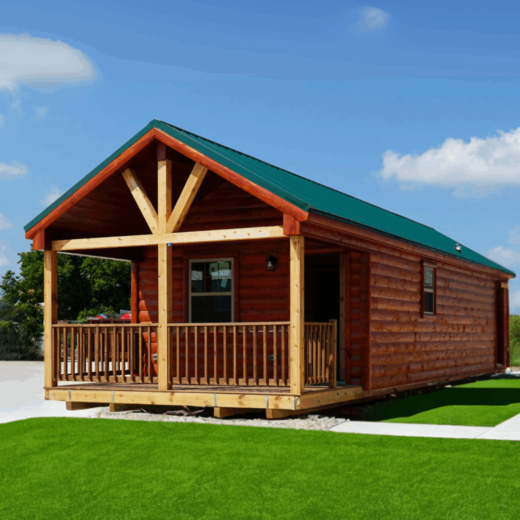 Exterior photo of a campground Lincoln series cabin with log siding and green roof