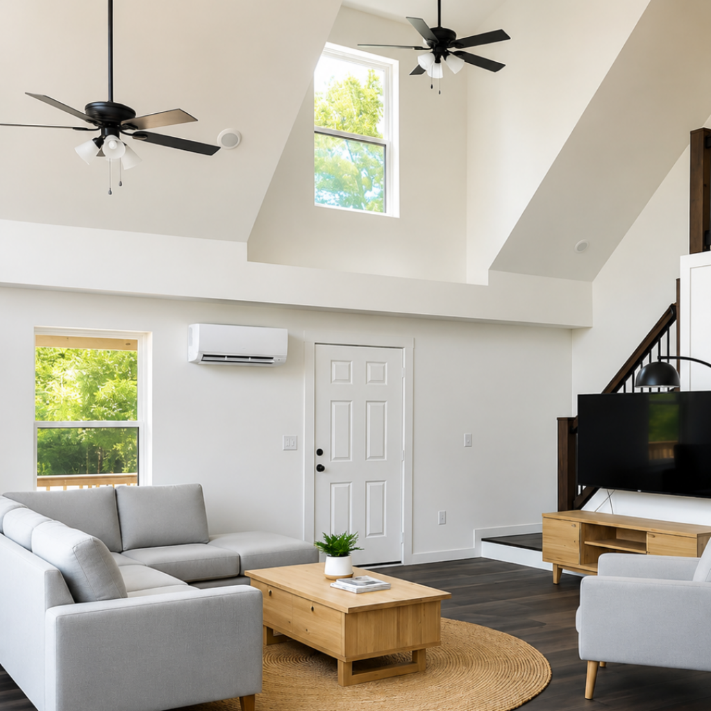 Bright modern living room with vaulted ceiling, two ceiling fans, a gray sectional, wooden coffee table, and a TV on a wooden console.