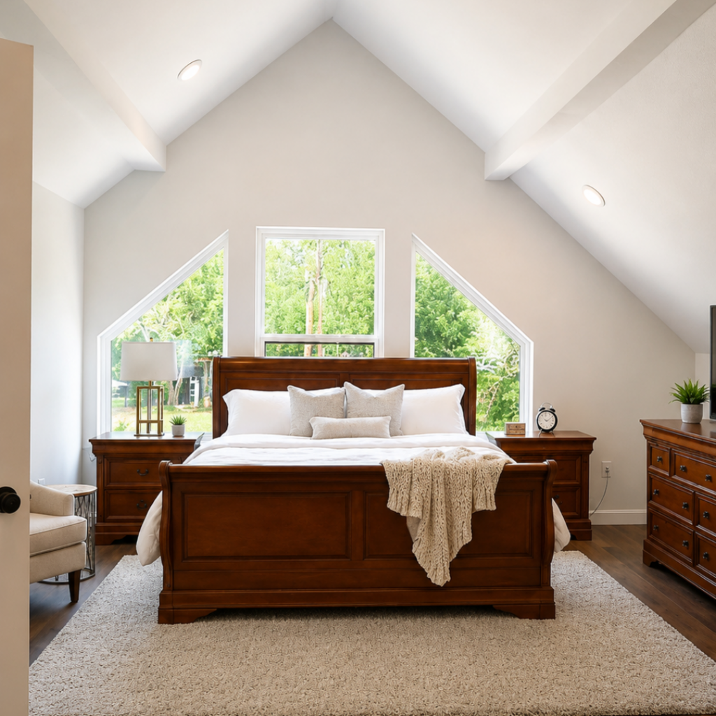 Large wooden bed with white bedding and beige throw in a bright vaulted-ceiling bedroom with paneled windows and greenery outside.