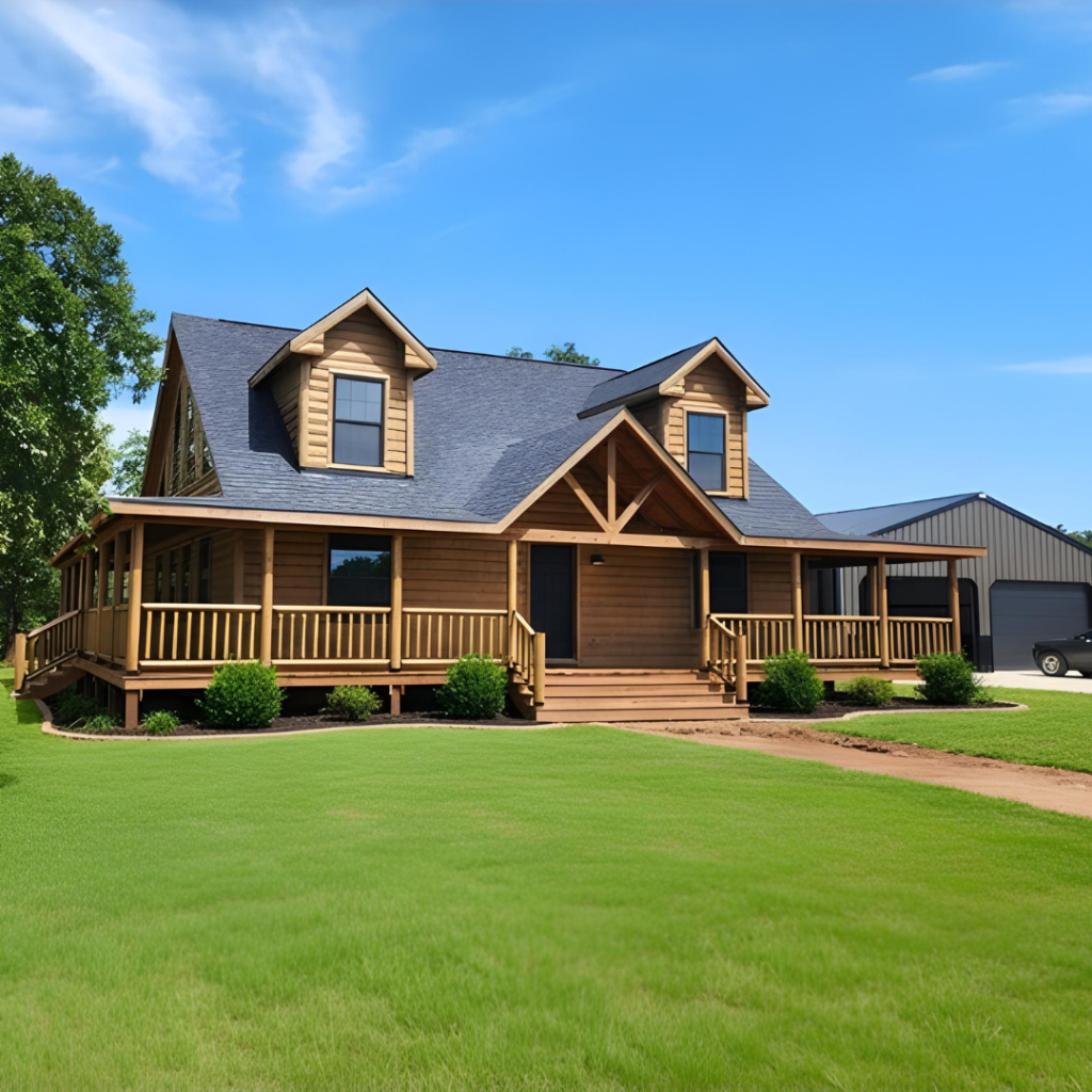 Rustic wooden two-story house with a wraparound porch, dormer windows, and a manicured lawn under a blue sky.
