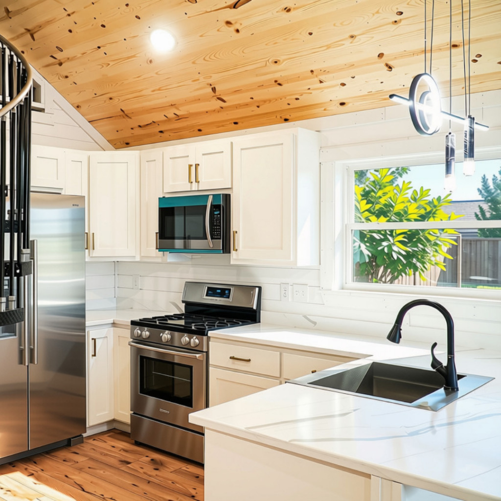 Bright white kitchen with stainless steel fridge, gas range, and a double-basin sink under a window, lit by natural light from outside…
