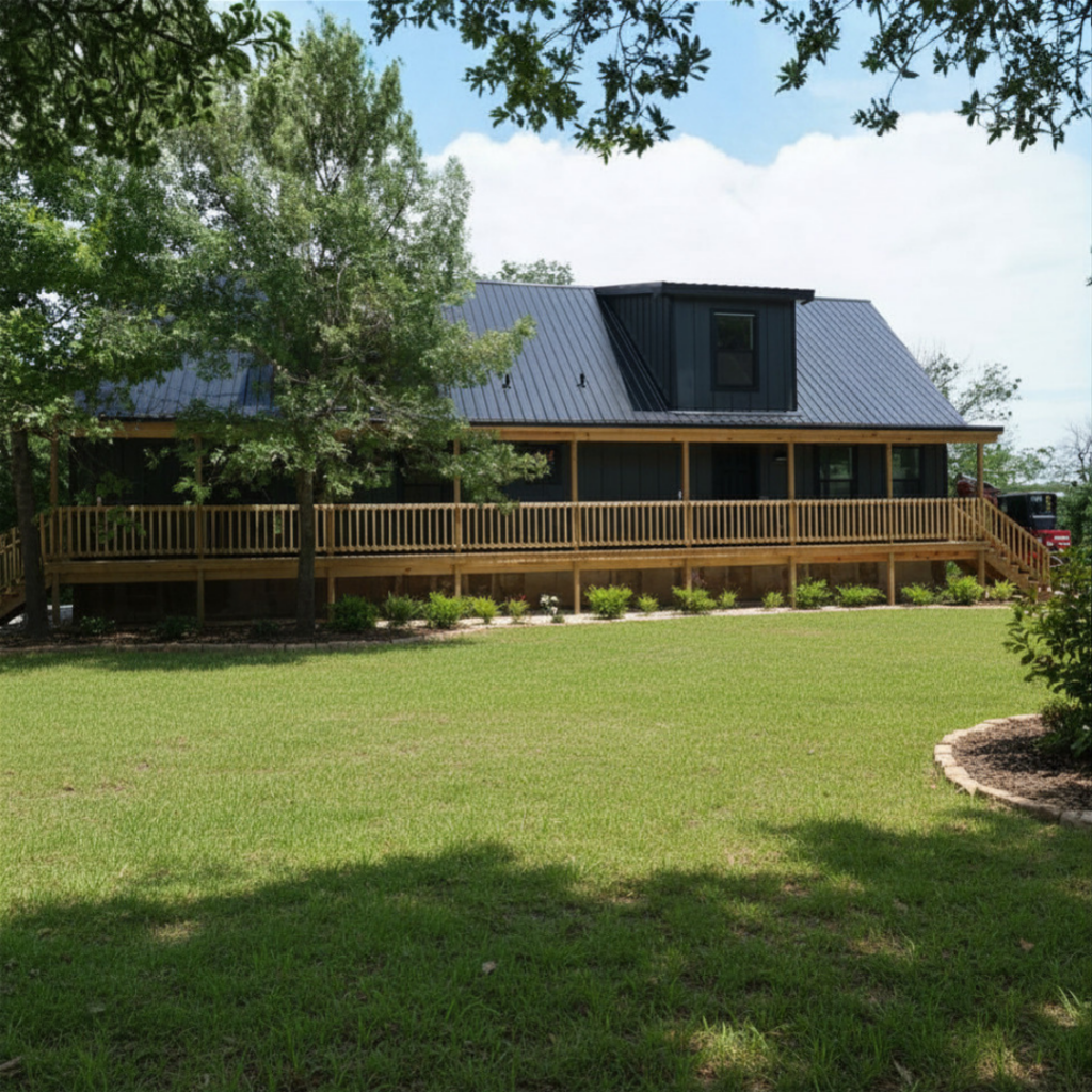 A modern cabin-style house with a long wooden wraparound deck, dark siding, and a metal roof set among trees and a green yard.